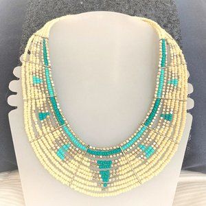Cleopatra Style Beaded Necklace, Ivory, Silver & Turquoise